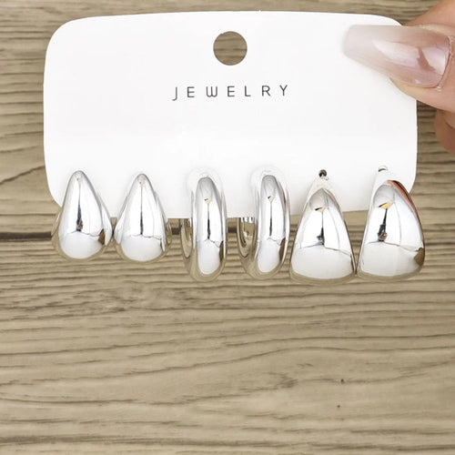 6pcs Chunky Gold Plated Waterdrop Hoop Earring Set For Women European