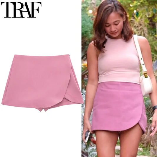 TRAF Women's Skort High Waist Brown Skirt Pants Stylish Summer Pink